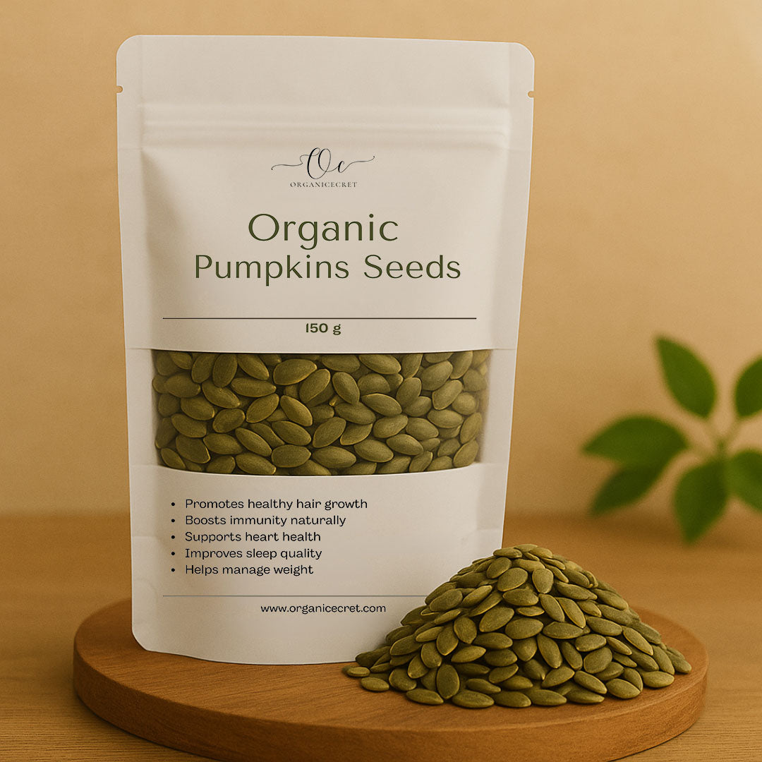 Organic Cecret 150g Pumpkin Seeds in eco-friendly pouch on wooden surface, packed with magnesium, antioxidants, and immune-boosting benefits.