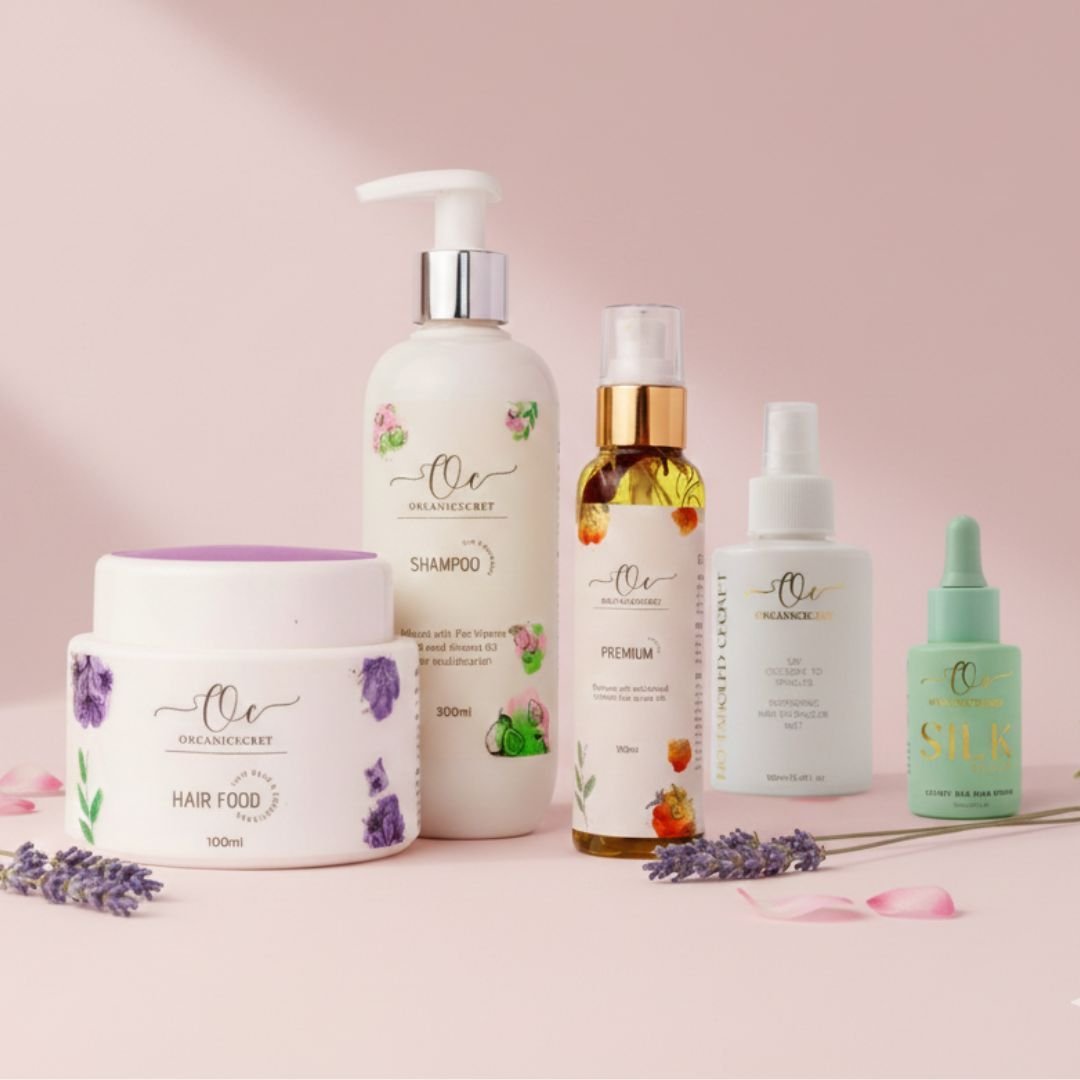A complete range of Organic Cecret hair care products, including organic oils, shampoos, conditioners, and treatments for healthy, nourished hair.