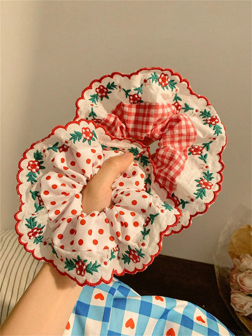 Polka Dot Plaid Lace Scrunchies Set