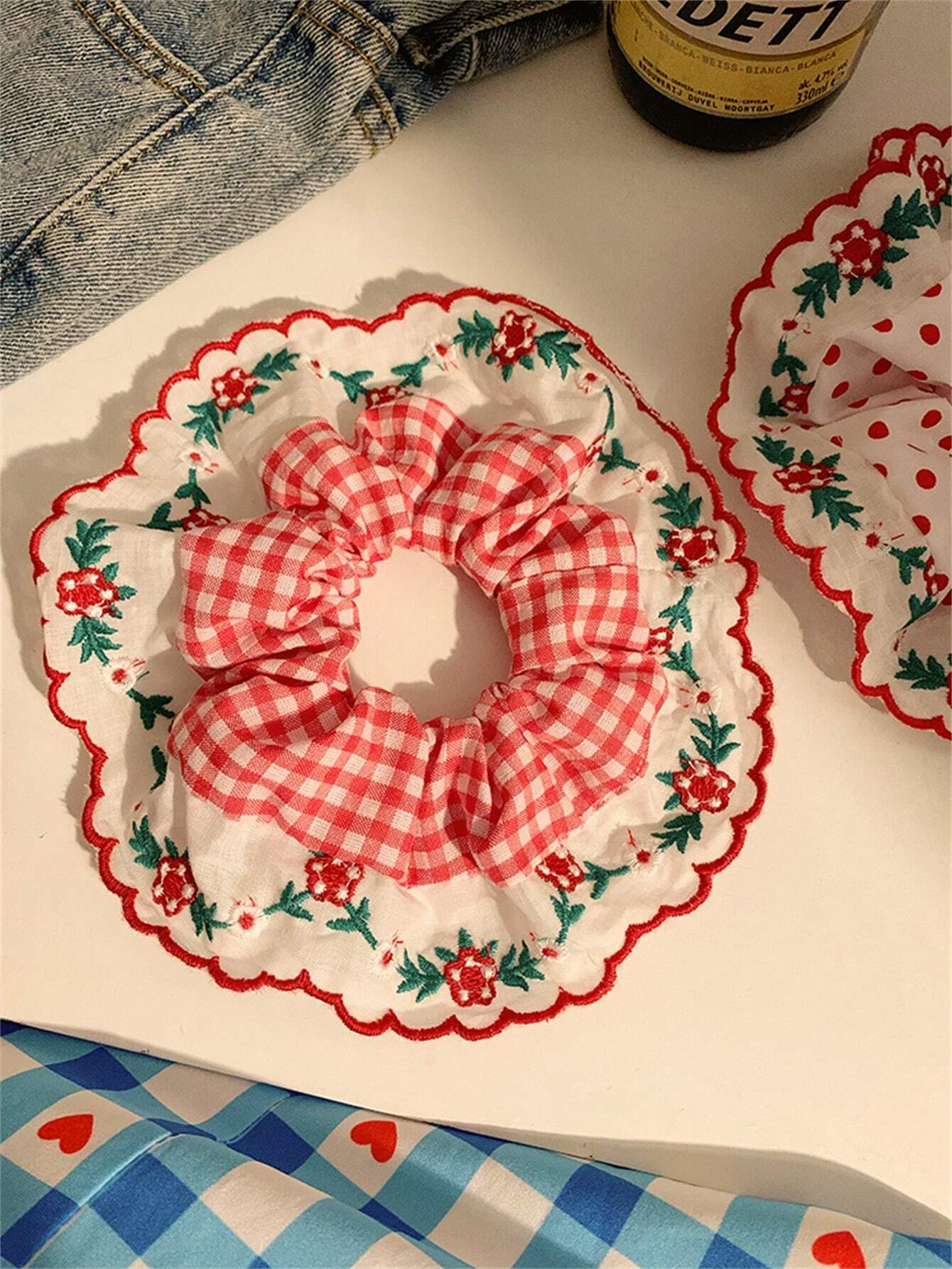 Polka Dot Plaid Lace Scrunchies Set