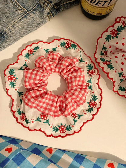 Polka Dot Plaid Lace Scrunchies Set