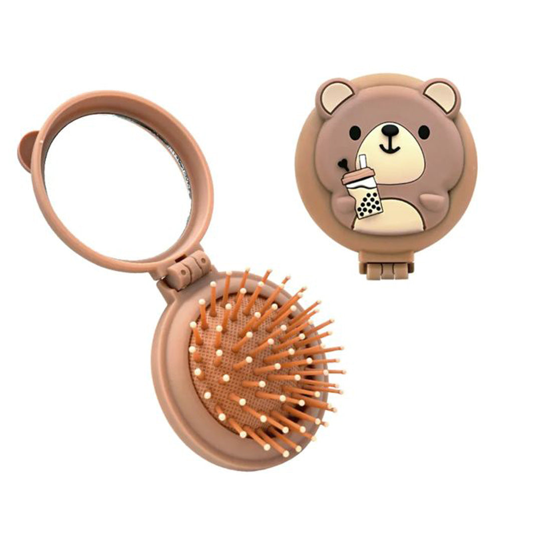 Bear Brown Mini Foldable Brush with Mirror