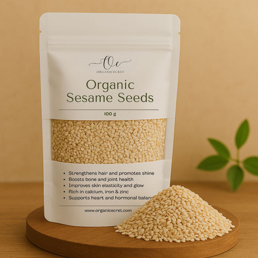 Organic Cecret 100g Sesame Seeds in resealable pouch on wooden board, rich in calcium, zinc, and iron for hormonal balance and bone health.