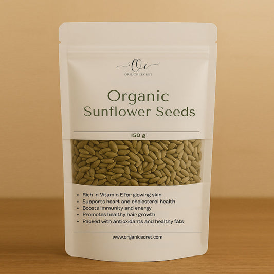 Organic Cecret 150g Sunflower Seeds packaging with visible seeds, highlighting Vitamin E, healthy fats, and skin + heart benefits