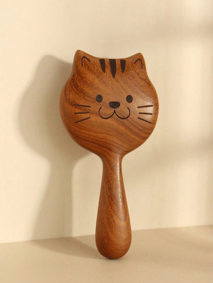 Wooden Wide Tooth Comb – Cute Cat Detangling Brush