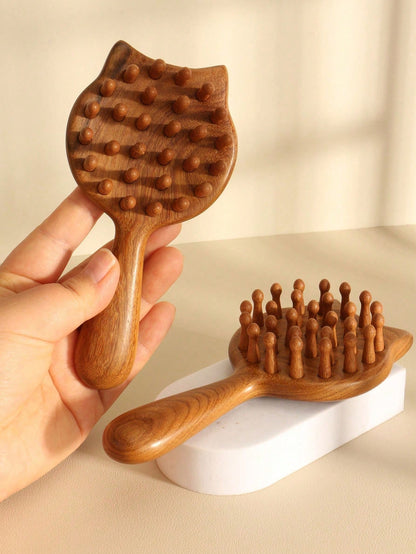 Wooden Wide Tooth Comb – Cute Cat Detangling Brush