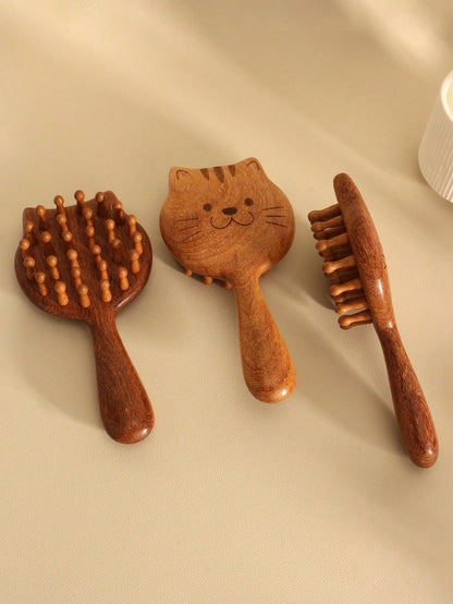 Wooden Wide Tooth Comb – Cute Cat Detangling Brush