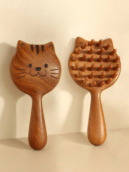 Wooden Wide Tooth Comb – Cute Cat Detangling Brush