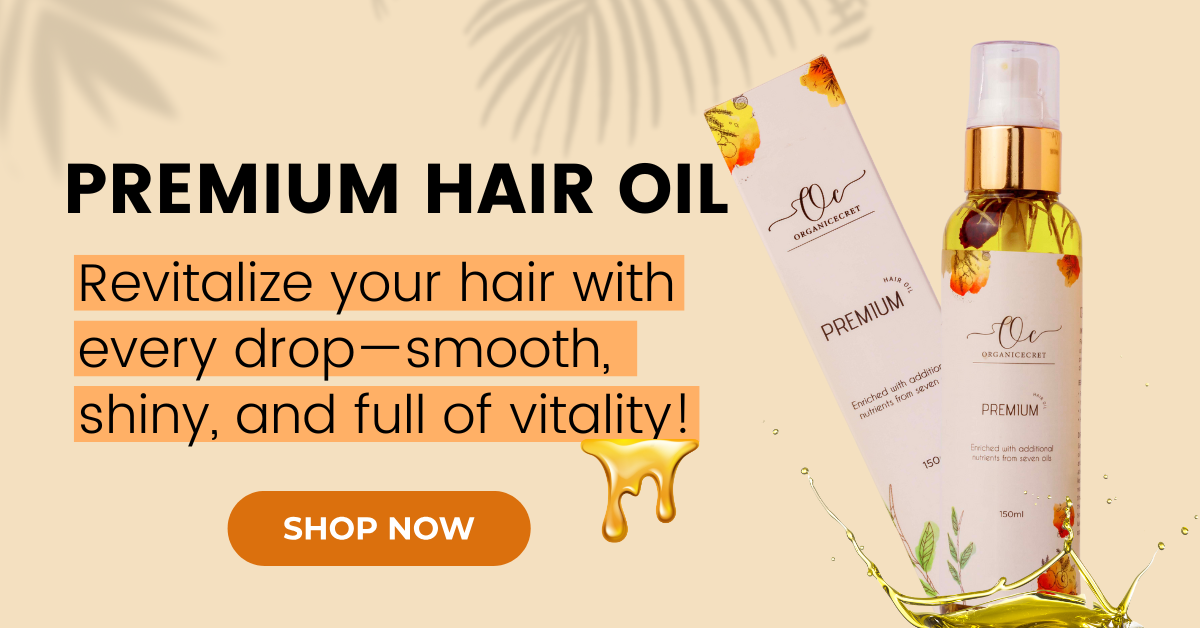 Organic Cecret Premium Hair Oil – a nourishing blend of natural oils that reduces hair fall, promotes growth, and enhances shine for healthier, stronger hair.