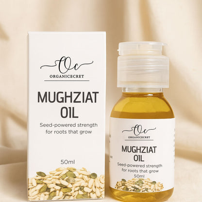 Mughziat oil bottle and packaging with 'Ole Organicecret' branding on a beige background.