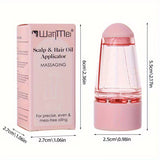 Pink scalp and hair oil applicator with packaging and dimensions on a white background