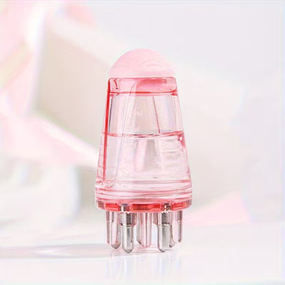 Clear and pink cosmetic tool with multiple nozzles on a blurred background