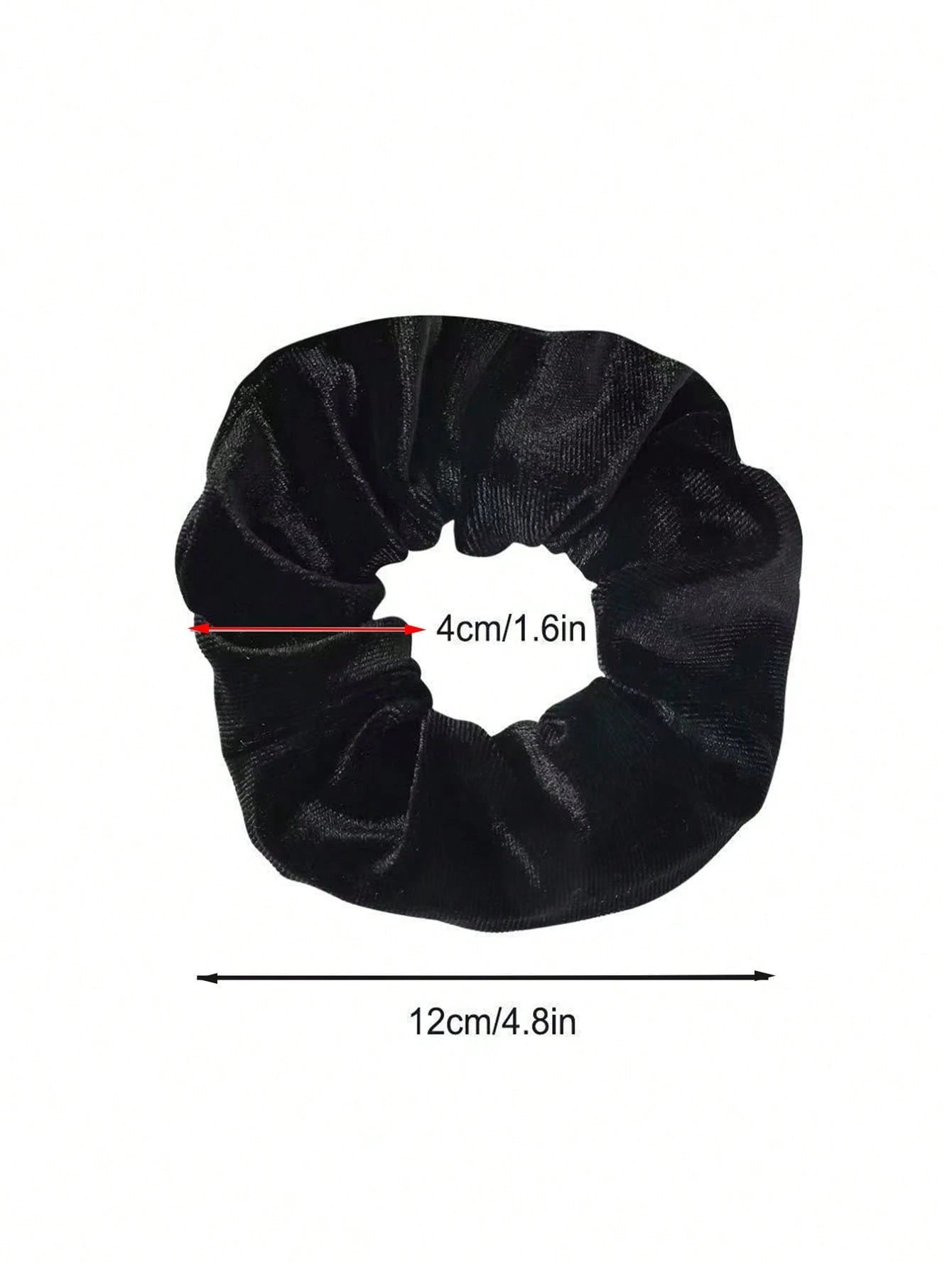 Black scrunchie with measurements on a white background