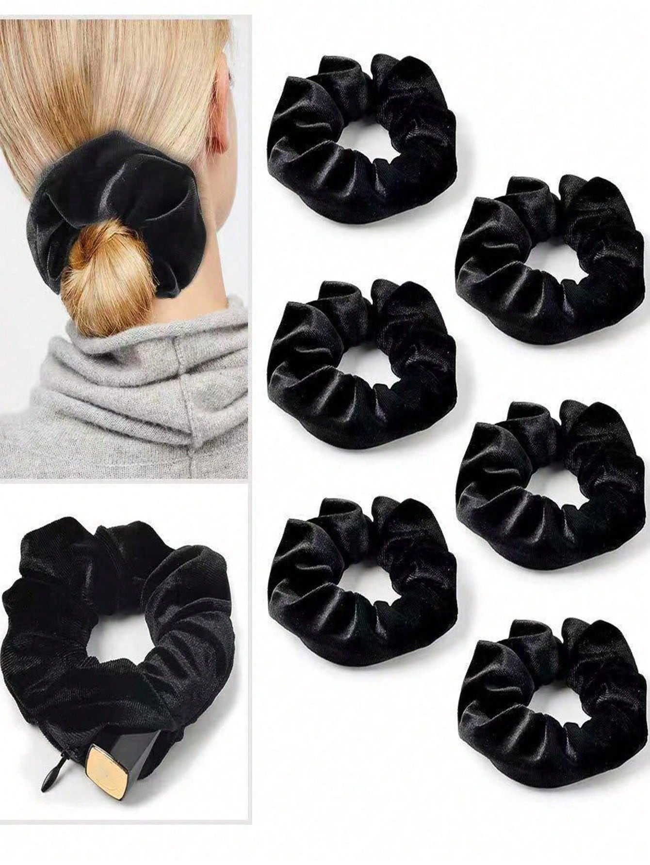 Black velvet scrunchies with a close-up of one being used in a hair bun.