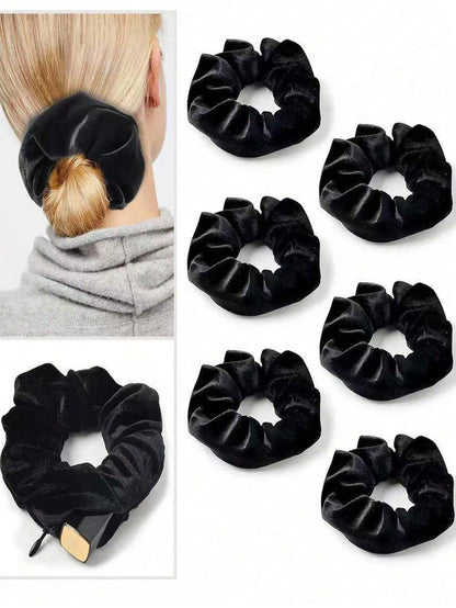 Black velvet scrunchies with a close-up of one being used in a hair bun.